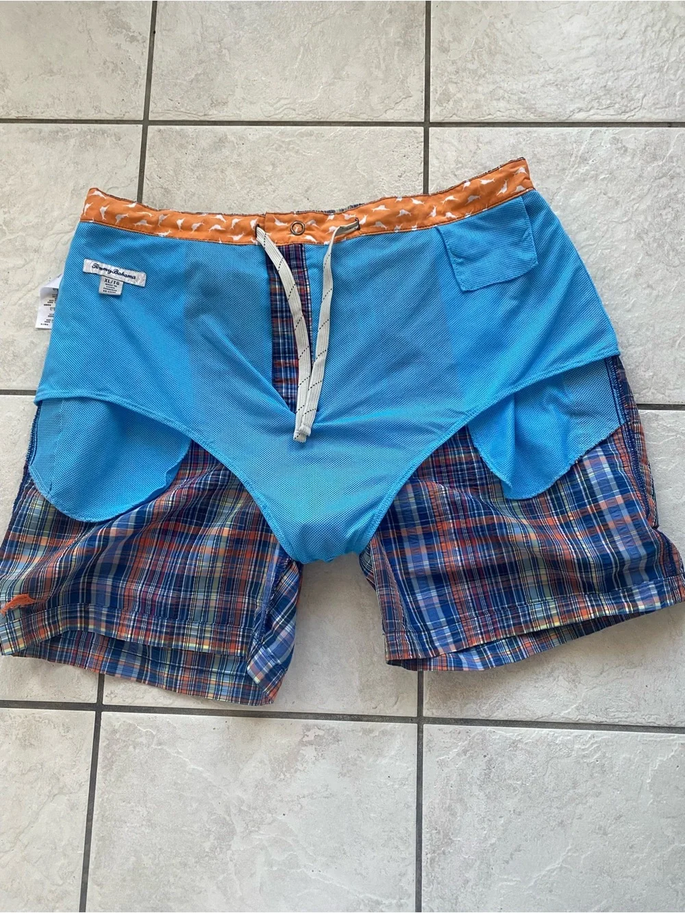 Tommy Bahama Mens XL Swim Trunks Plaid Blue Orange Mesh Lined Beach Shorts - Picture 15 of 16